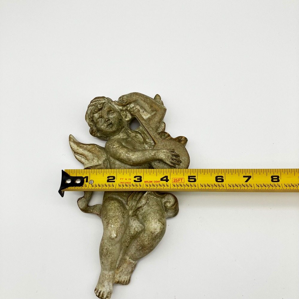 Vintage Cherub Angel Wall Plaque 8" Gold Gilded Resin Musical Lute Decor - Picture 9 of 9